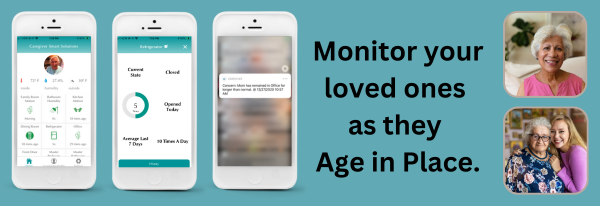 Caregiver Smart Solutions ad featuring the app on an iPhone with text that says 'Monitor your loved ones as they age in place,' in a 600 x 206 pixels banner.