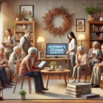 Photorealistic image of a diverse group of caregivers and seniors in a warm and supportive setting, engaging in conversation and sharing a sense of community.