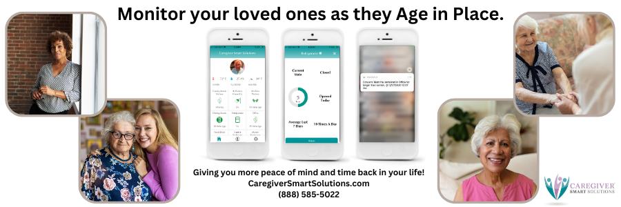 Caregiver Smart Solutions ad featuring the app on an iPhone with text that says 'Monitor your loved ones as they age in place, giving you more peace of mind and time back in your life,' along with the website and phone number, in a 900 x 300 pixels banner.